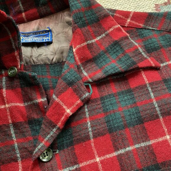 Vintage 60s Pendleton Board Shirt Large Wool Loop Red Green Plaid Square Hem - Picture 5 of 8